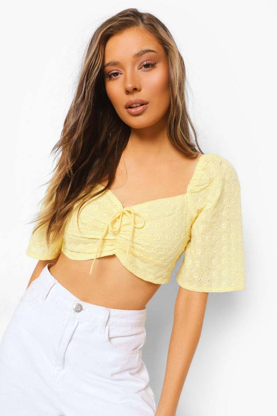 Lemon yellow Broderie Ruched Angel Sleeve Crop Top image number 1
