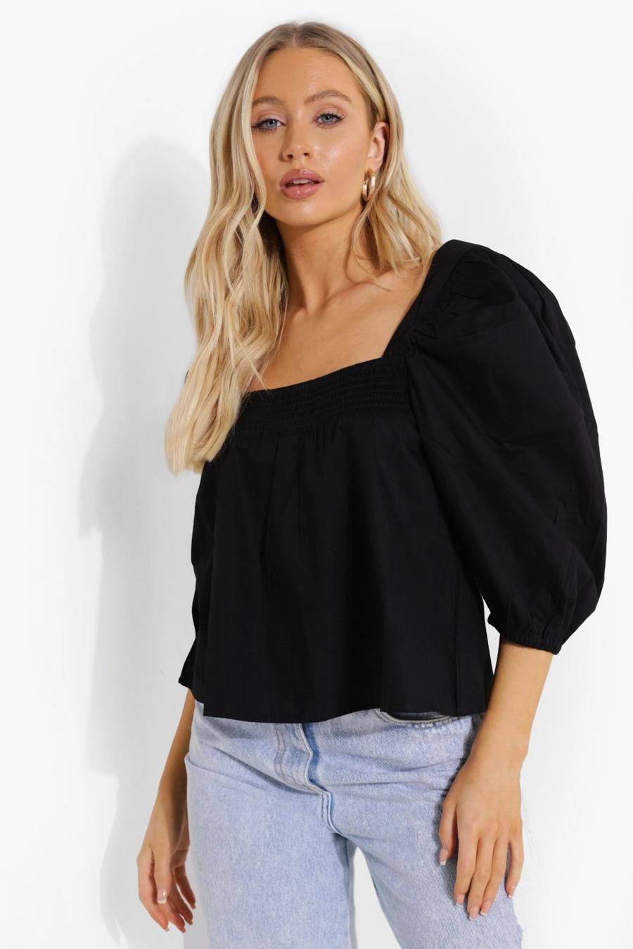 Black Woven Square Neck Puff Sleeve Smock Top image number 1