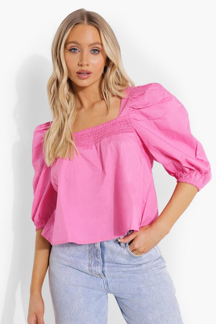 Pink Woven Square Neck Puff Sleeve Smock Top image number 1