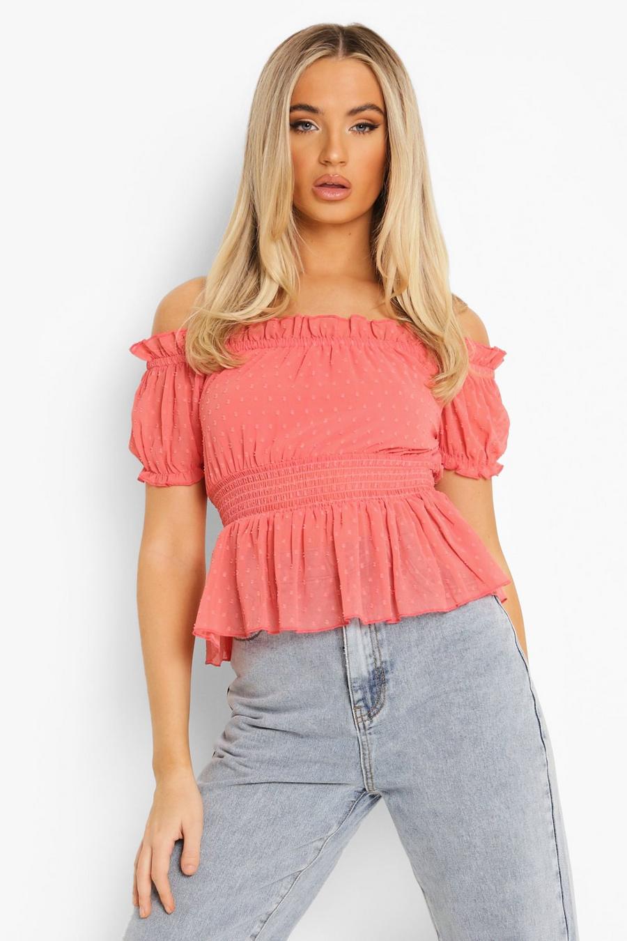 Blush pink Dobby Shirred Off The Shoulder Top