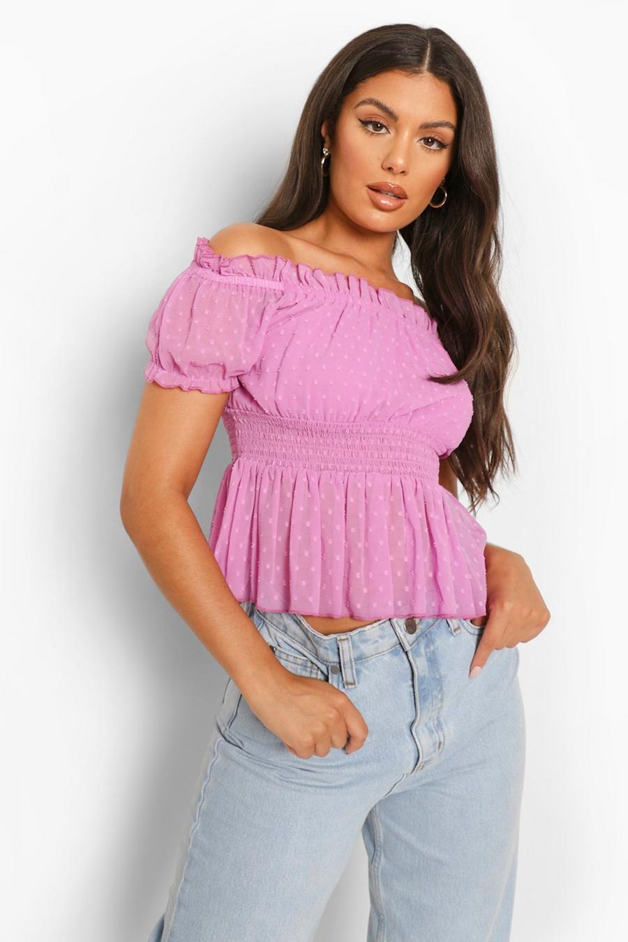 Lilac Dobby Shirred Off The Shoulder Top image number 1