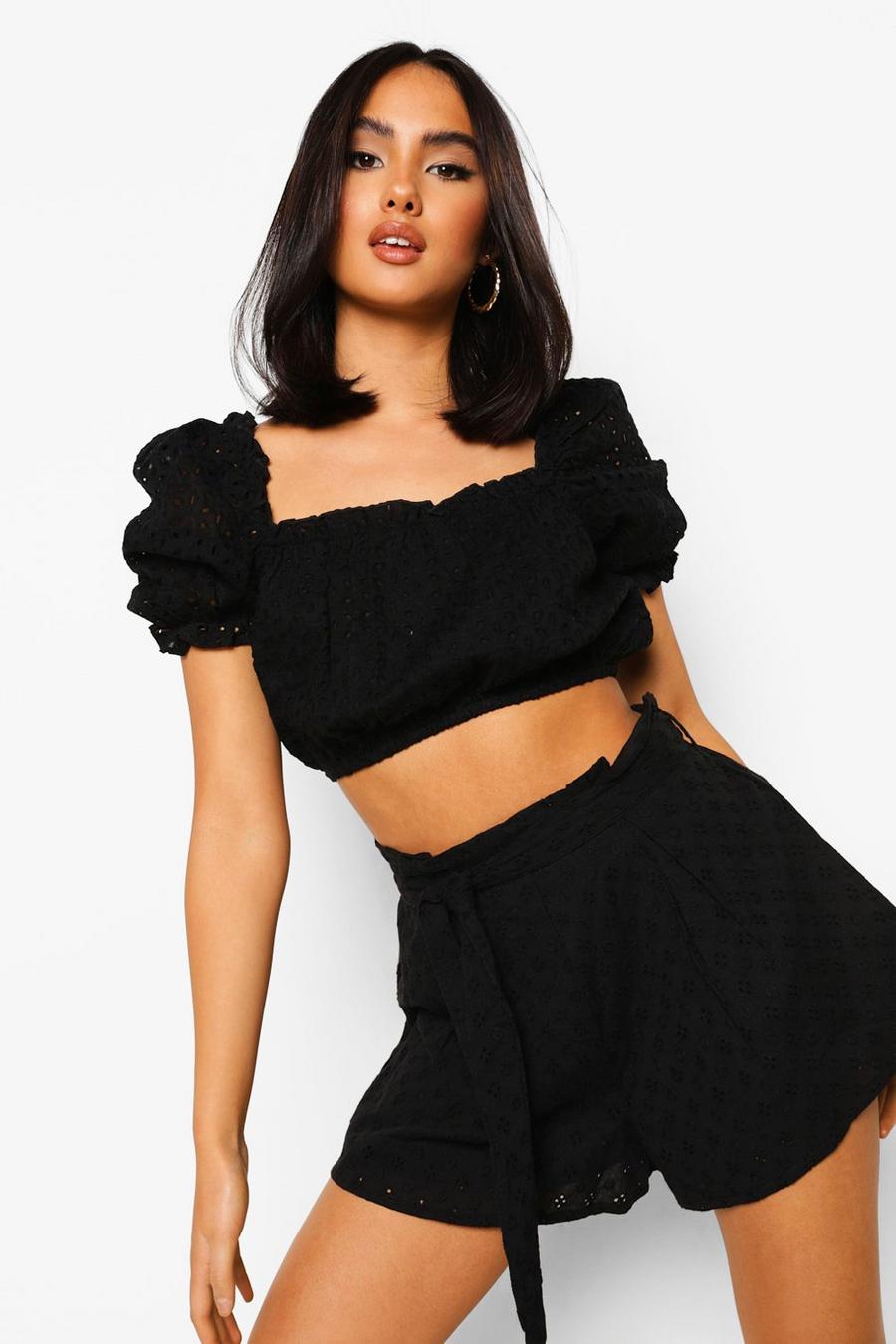 Crop top à col carré style broderie, Black image number 1