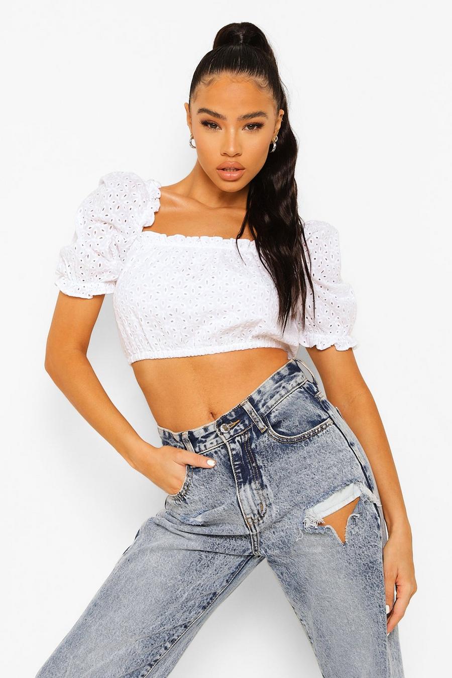 Ivory Broderie Square Neck Crop Top image number 1