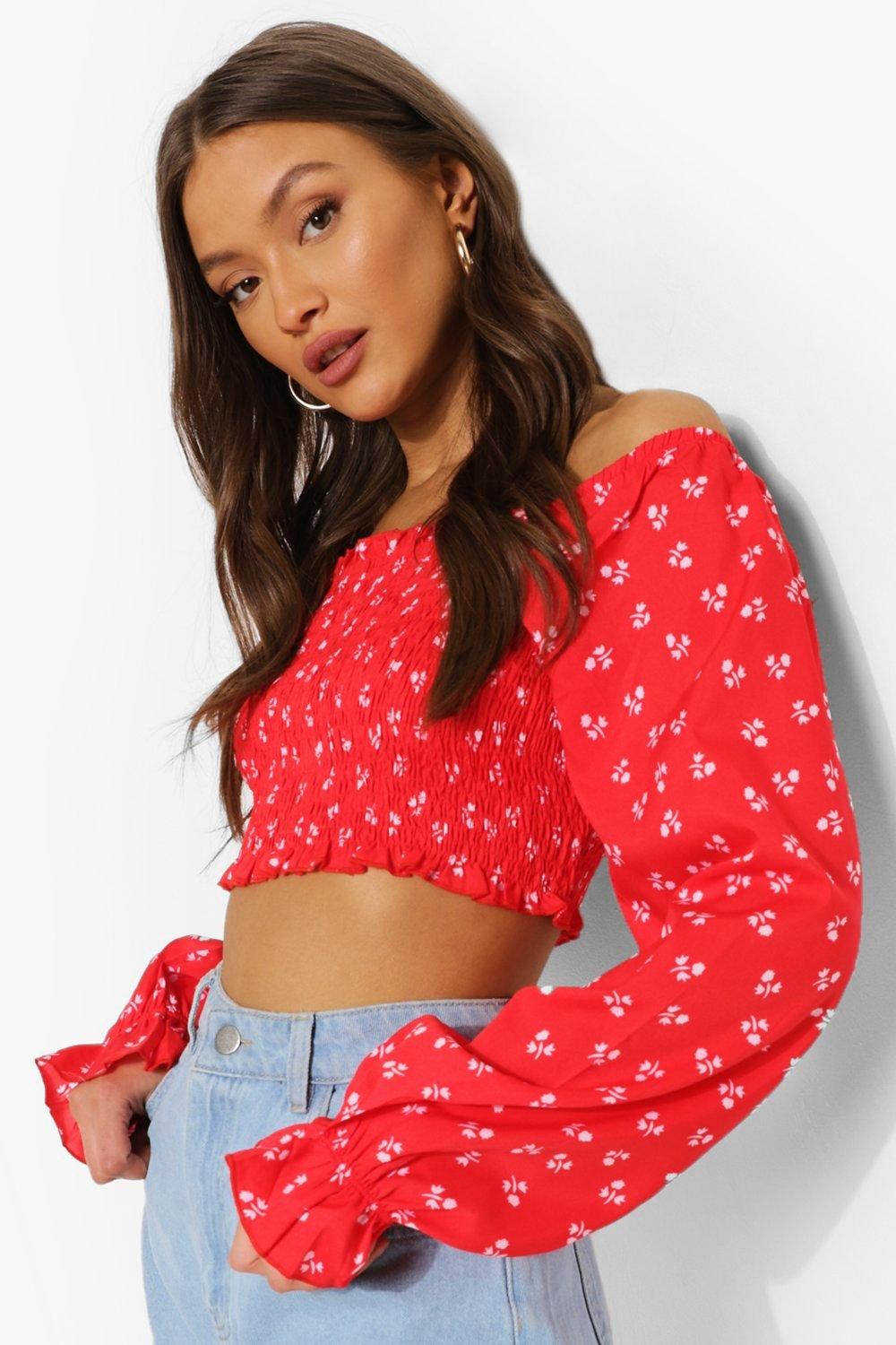 Red floral off the shoulder online top