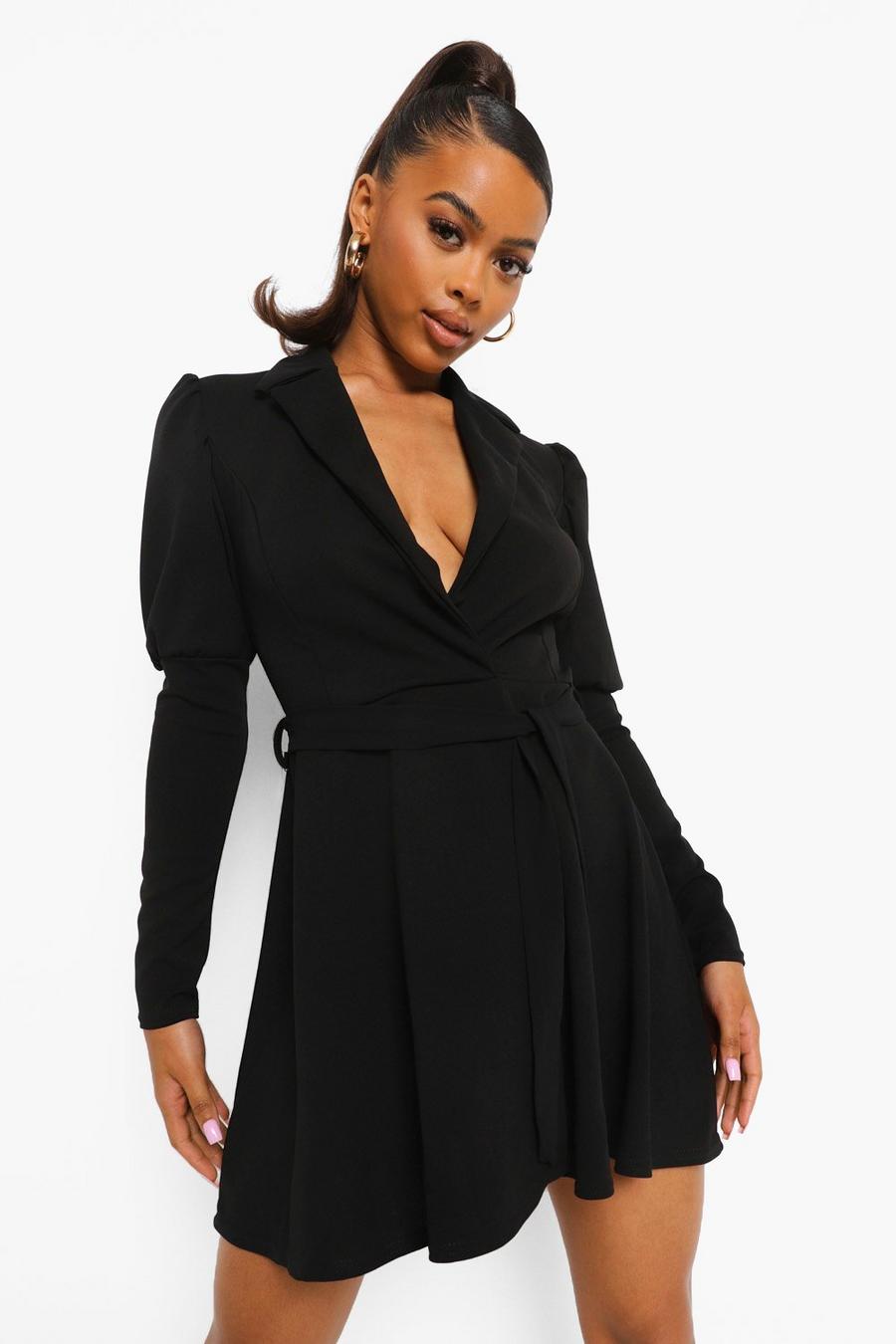 שחור שמלת בלייזר סקייטר בסגנון מעטפת עם שרוולים נפוחים image number 1
