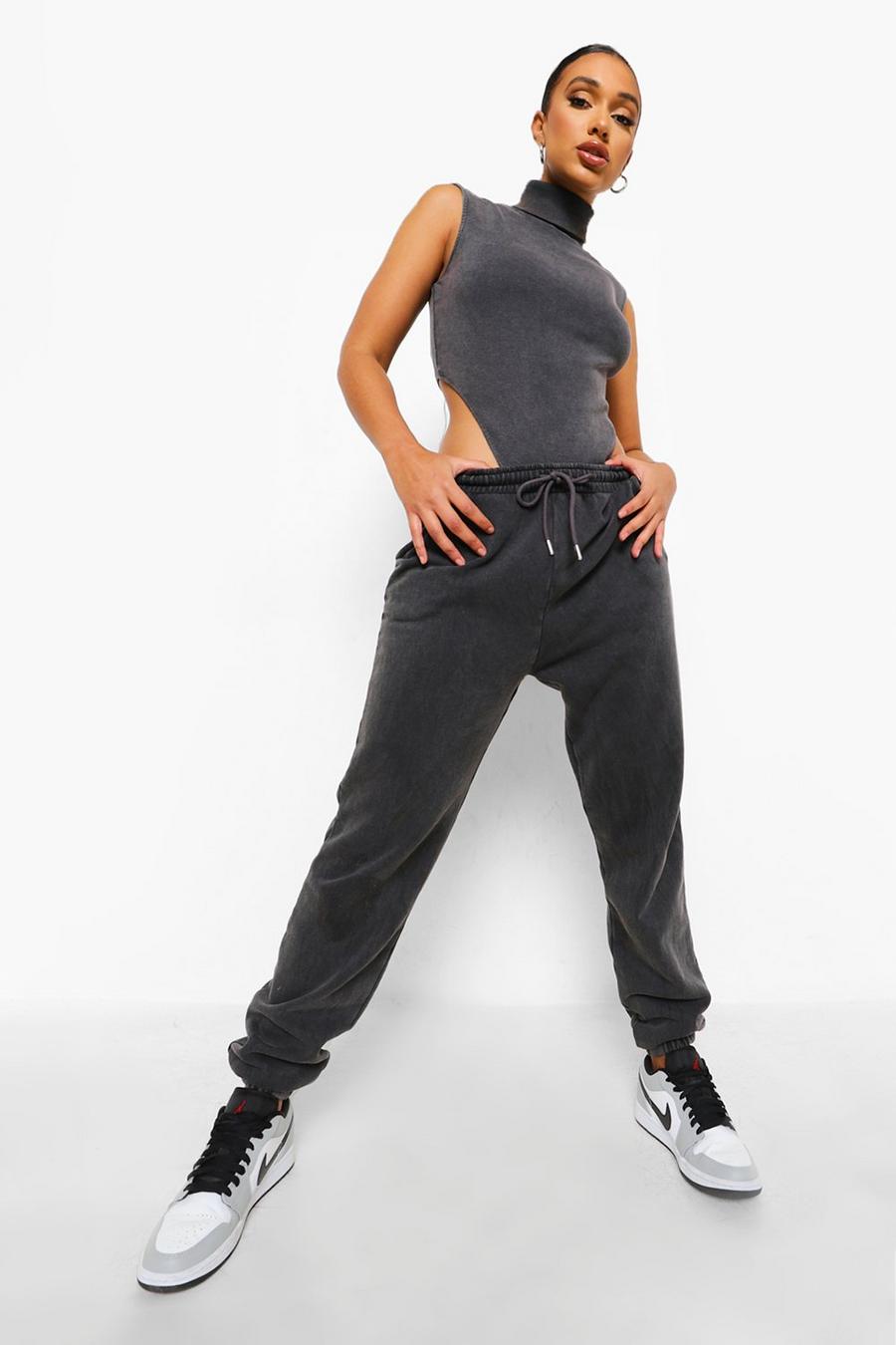 Charcoal Acid Wash Ribbed Bodysuit And Joggers image number 1