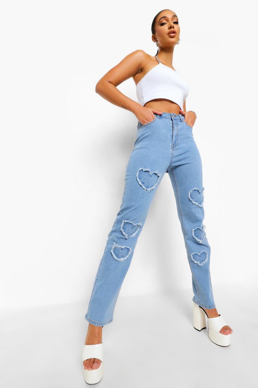 Mid blue Straight Leg Heart Applique Jeans image number 1