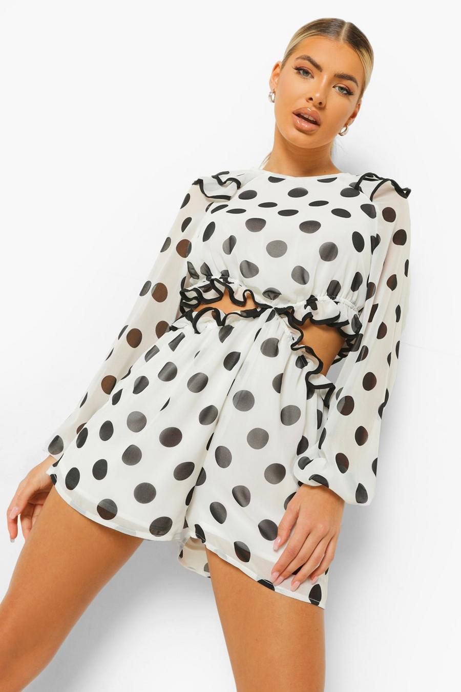 White Polka Dot Cut Out Ruffle Playsuit image number 1