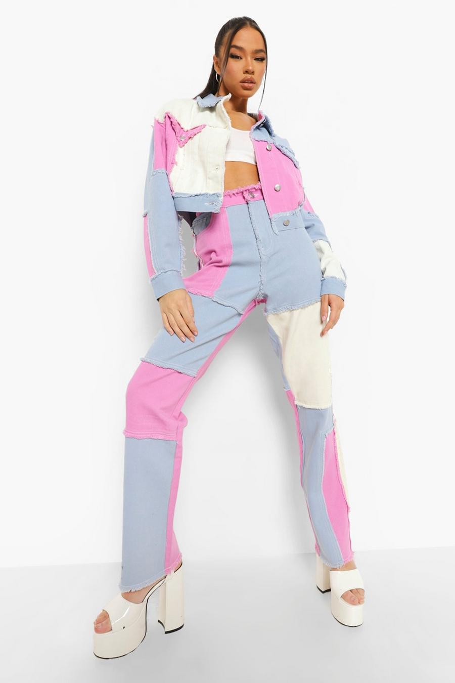 Bright lilac Color Block Patchwork Straight Leg Jeans image number 1