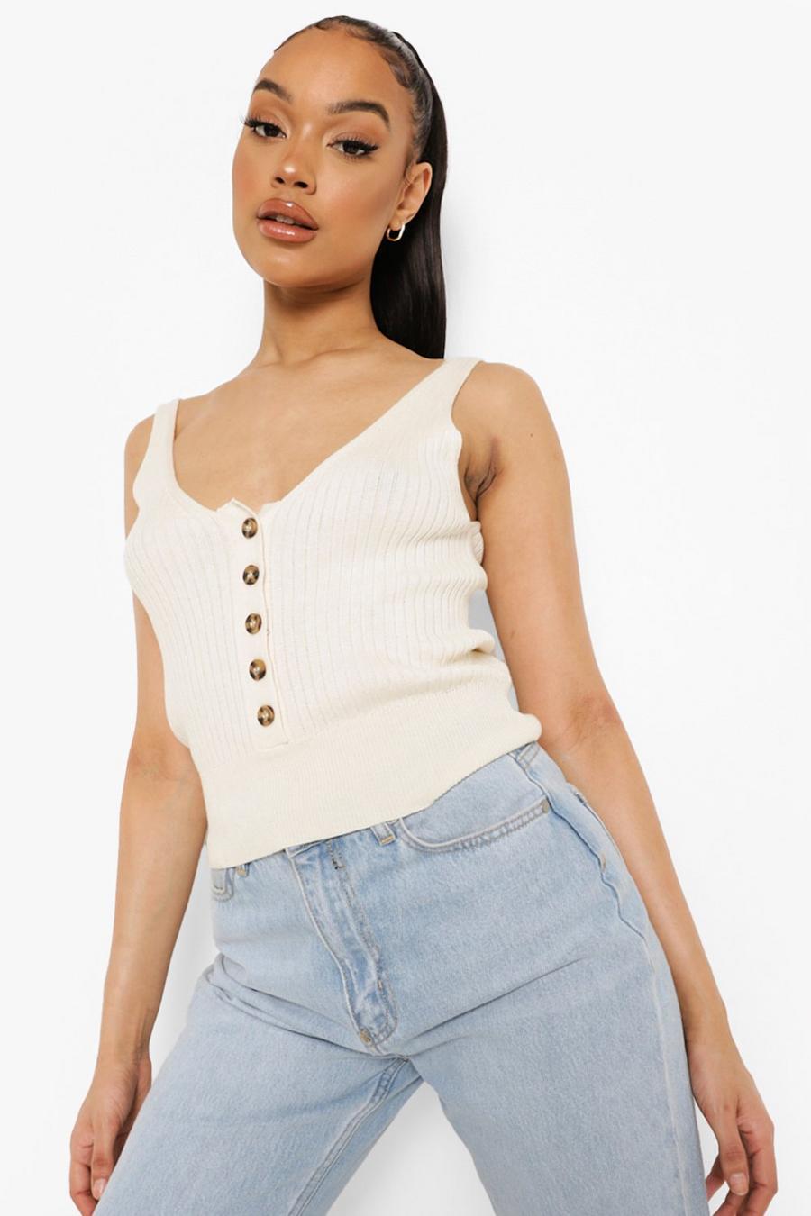 Ivory Rib Knit Button Through Crop Top image number 1