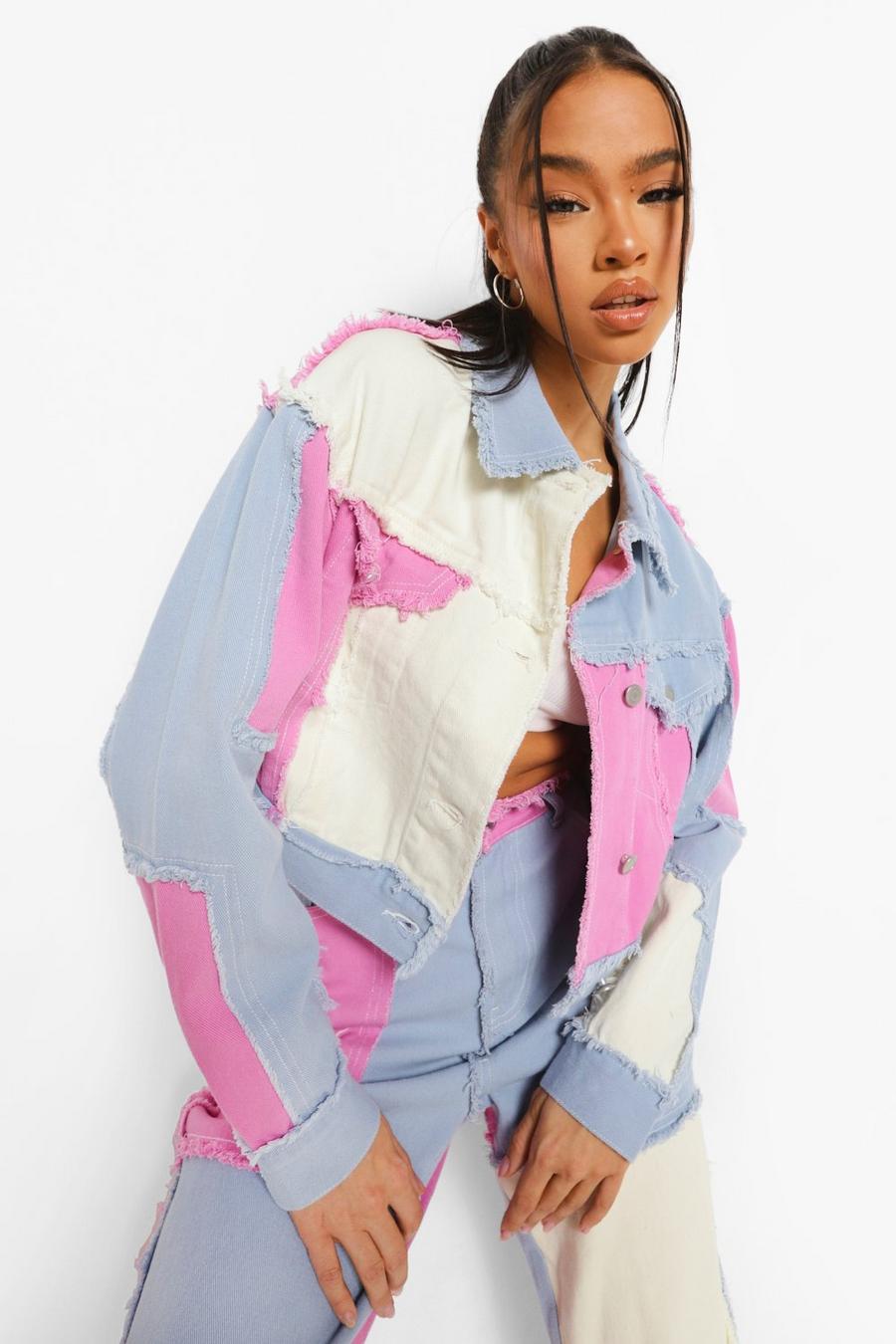 Bright lilac Kort jeansjacka med patchwork och blockfärger image number 1