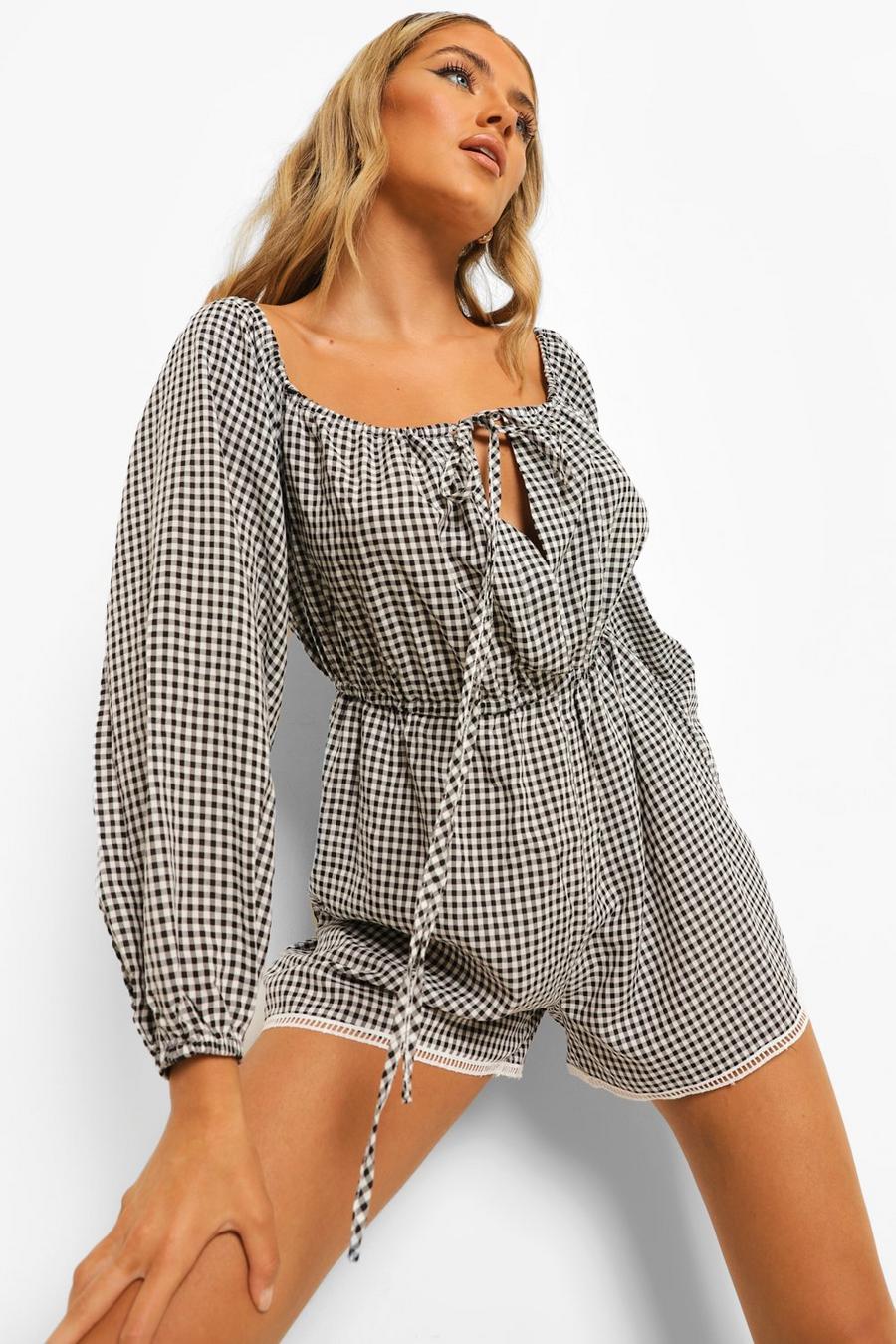 Black Gingham Puff Sleeve Cut Out Tiered Romper image number 1