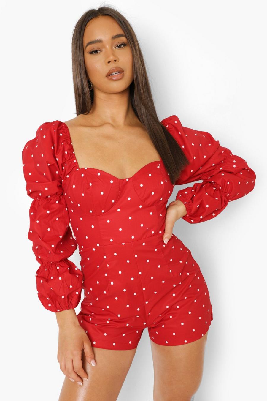 Red Polka Dot Puff Sleeve Playsuit image number 1