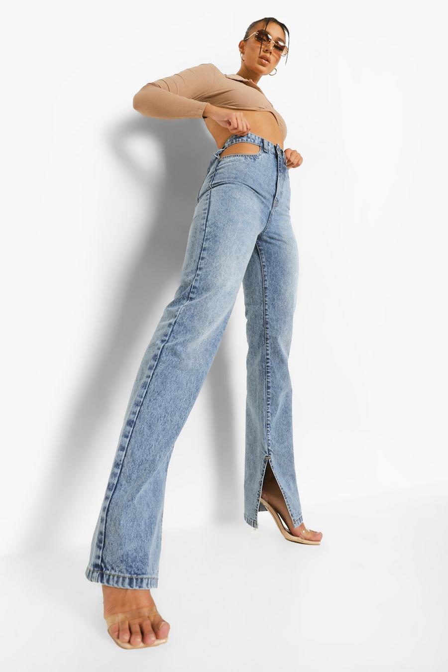 Jeans con spacco e intagli, Lavaggio effetto vintage image number 1