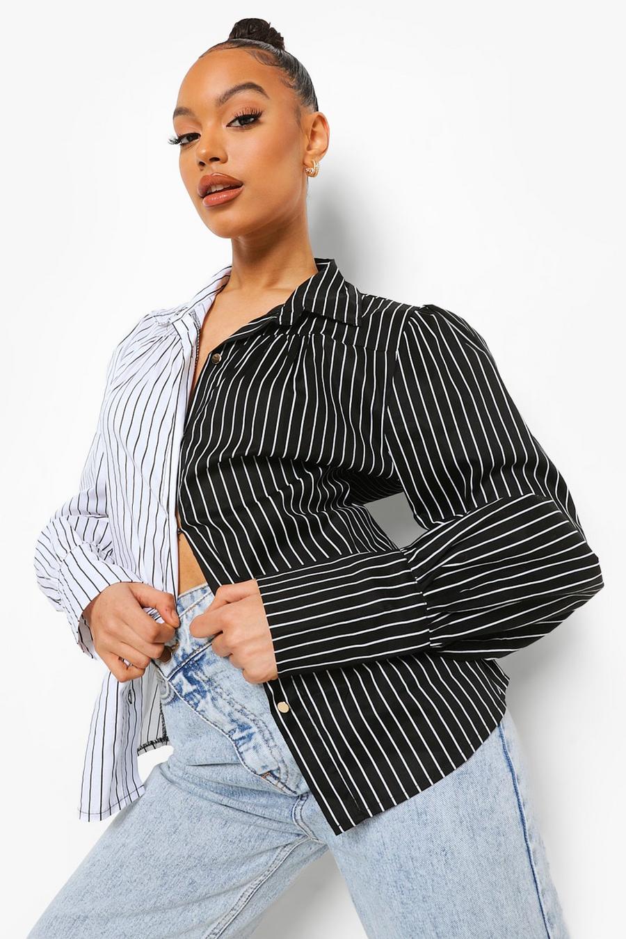 Black Contrast Pinstripe Puff Sleeve Shirt image number 1