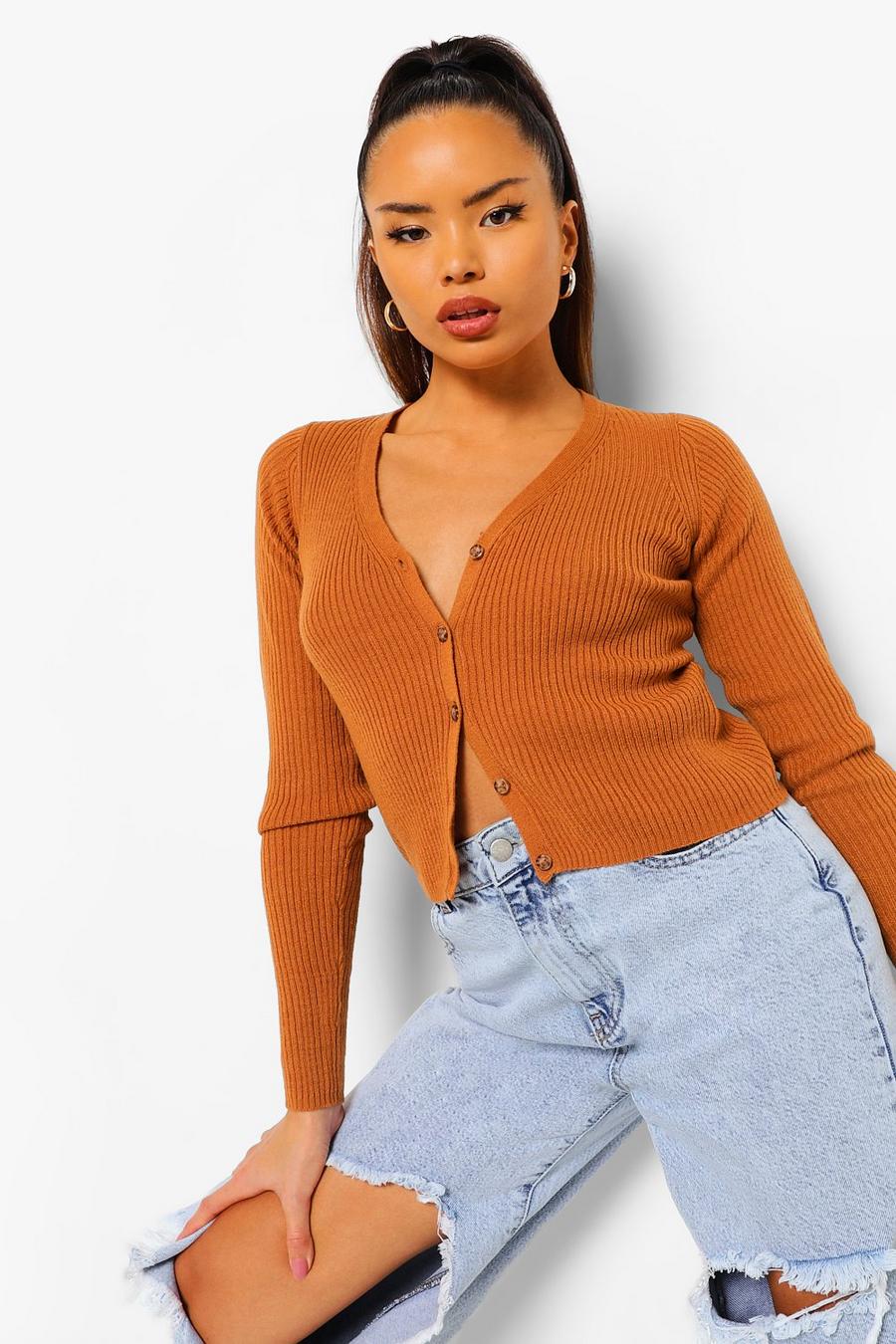 Camel Rib Knit Button Through Cropped Cardigan image number 1