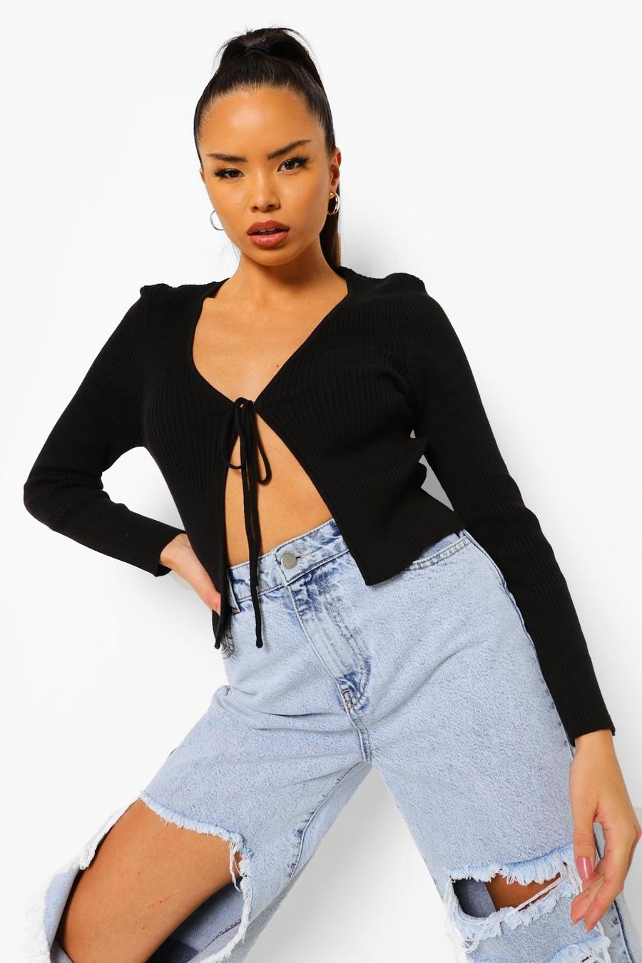 Black Rib Knit Lace Up Cropped Cardigan image number 1
