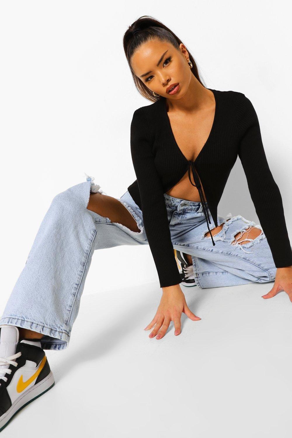 Rib Knit Lace Up Cropped Cardigan boohoo