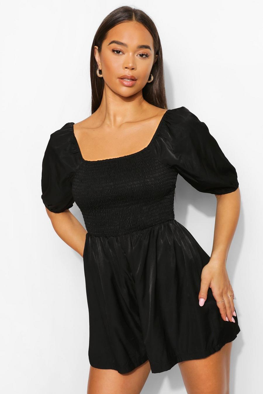 Black Shirred Bust Puff Sleeve Playsuit image number 1