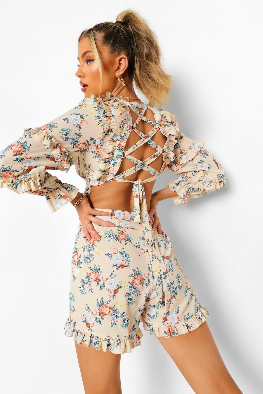 White Floral Lace Up Back Cut Out Romper image number 1