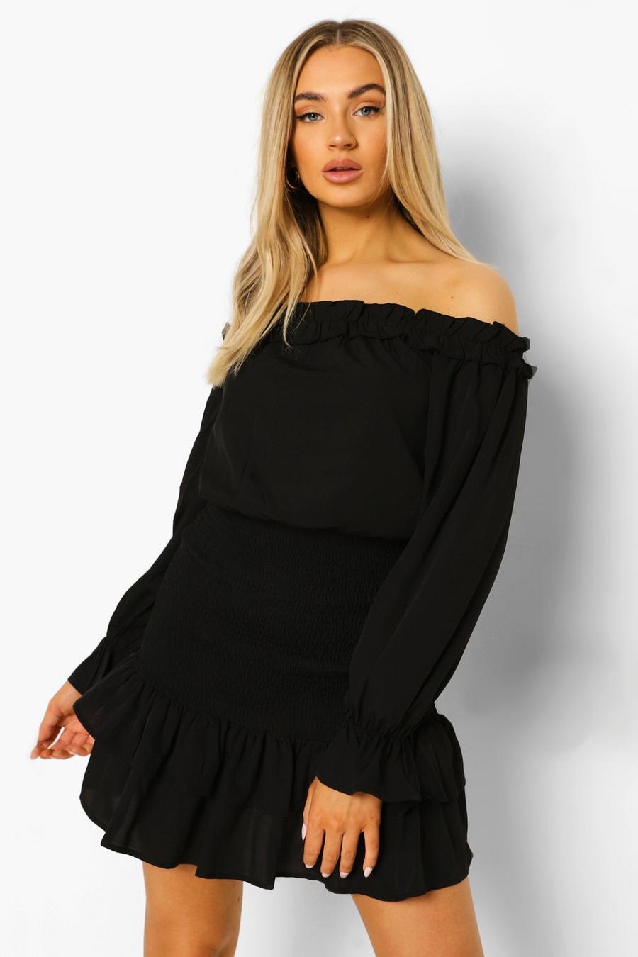 Black Bardot Shirred Top And Mini image number 1
