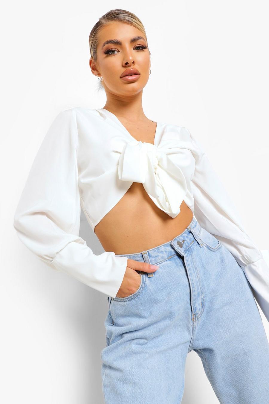 Ivory Puff Sleeve Tie Front Blouse image number 1