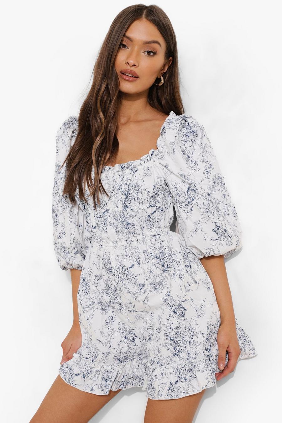 Black Porcelain Print Puff Sleeve Ruched Playsuit