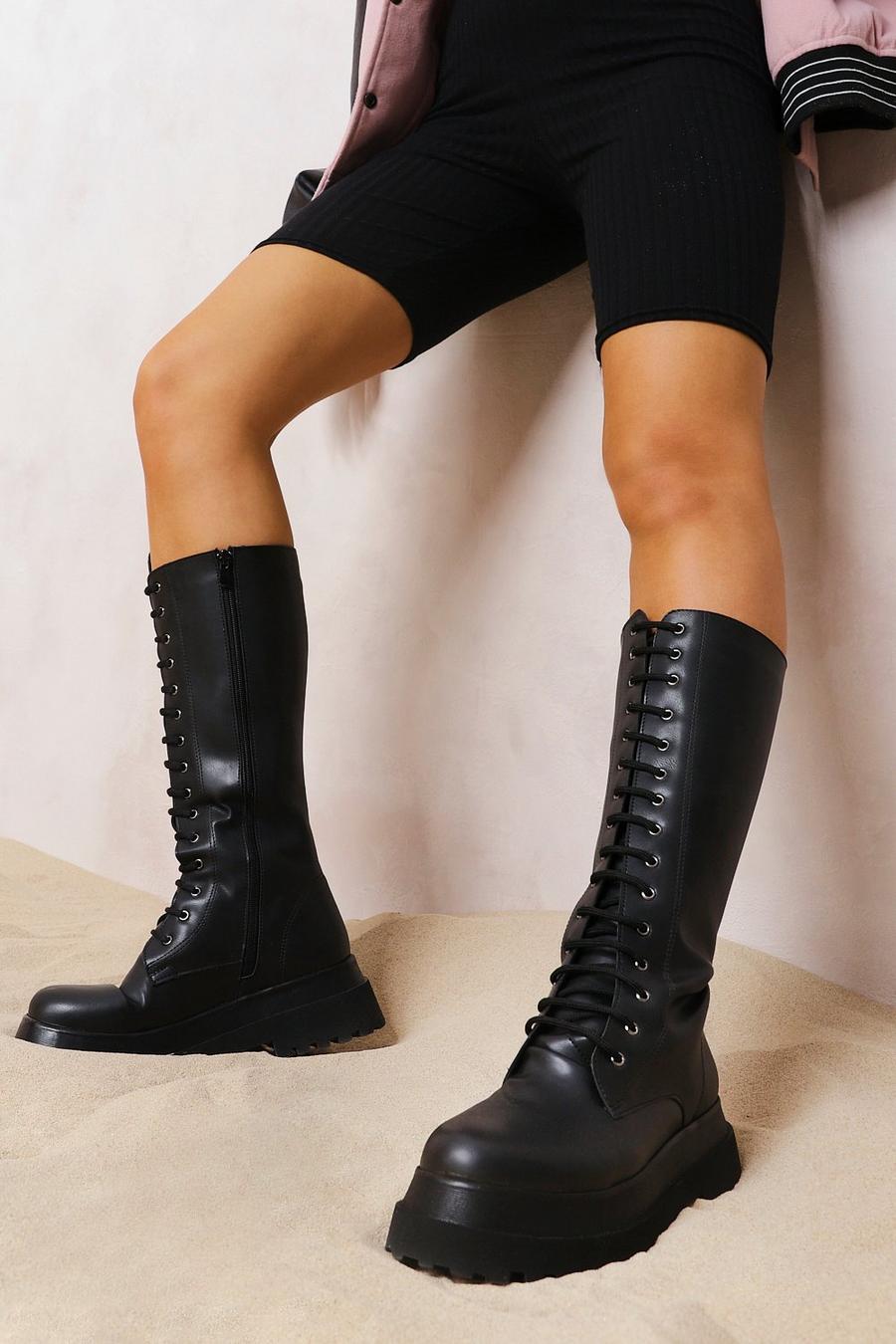 Black Knee High Chunky Combat Boots image number 1
