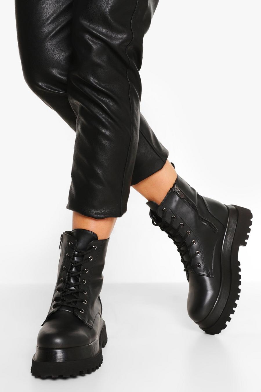 Black Chunky Sole Lace Up Hiker Boots image number 1