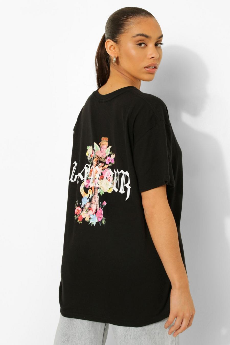 T-shirt a stampa floreale con cherubini e scritta L'amour, Nero image number 1