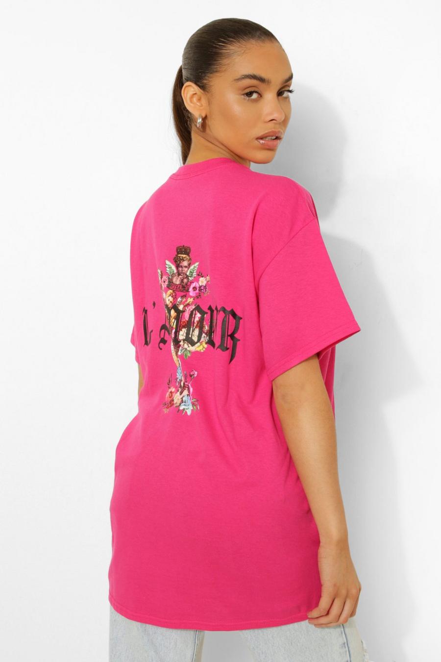 Hot pink "L'Amour" T-shirt med blommor och keruber image number 1