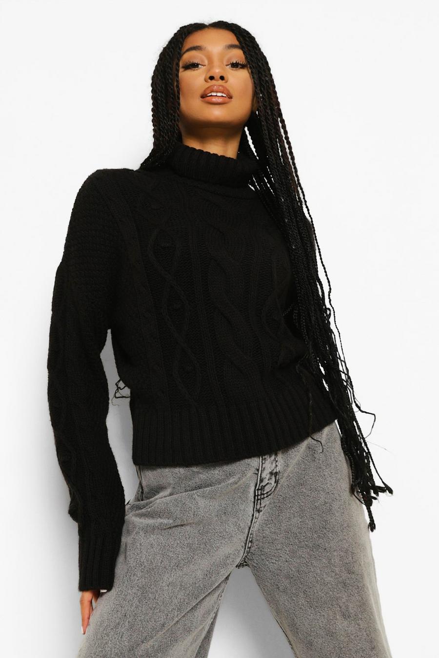 Black Heavy Cable Knit Roll Neck Jumper image number 1