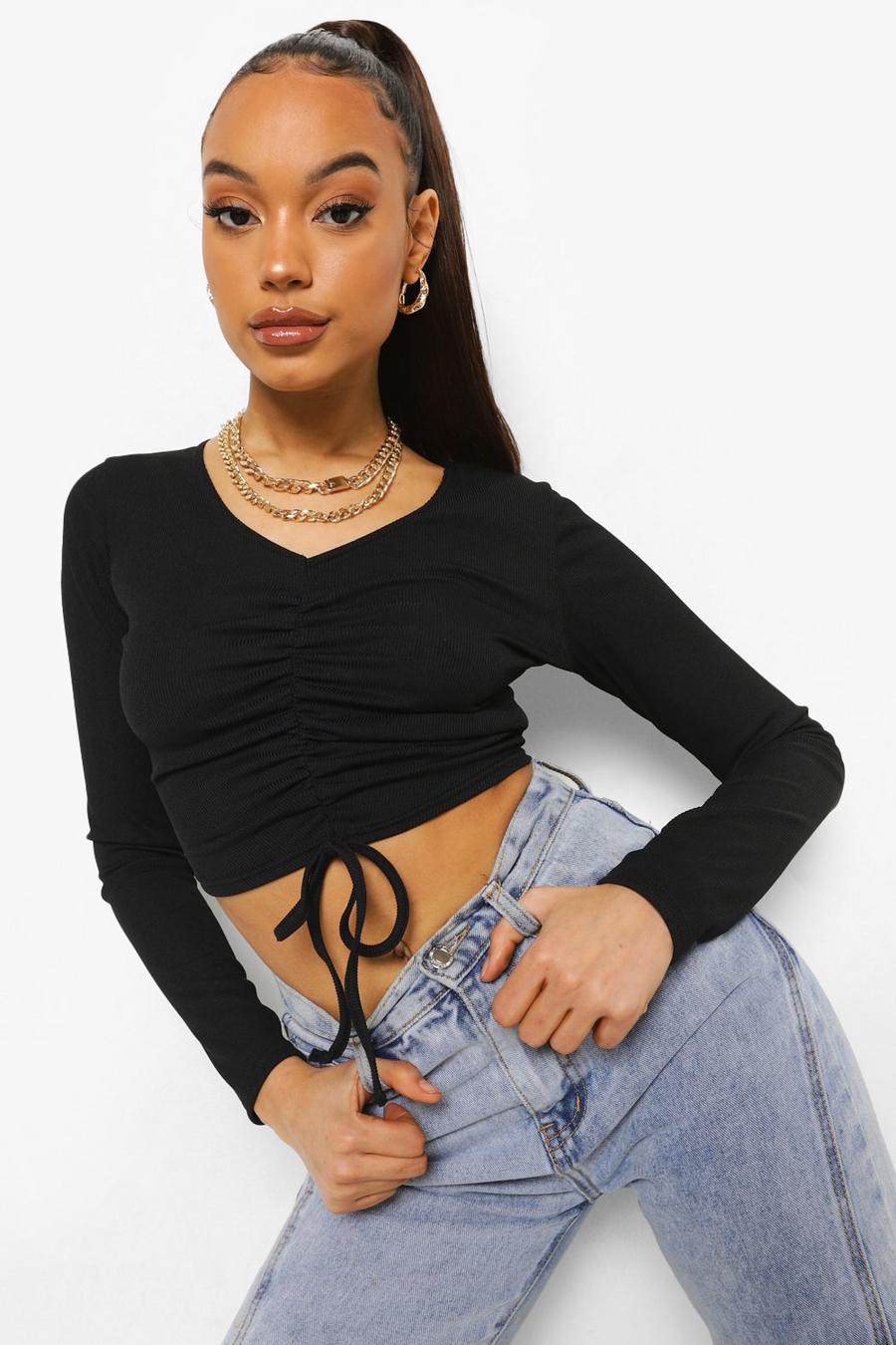 Black Ruched Front Long Sleeve  Rib Crop Top image number 1