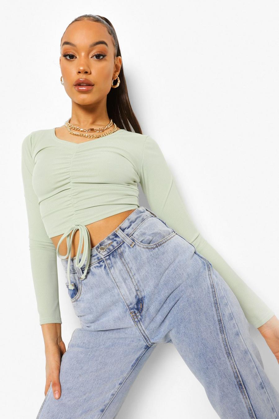 Sage Ruched Front Long Sleeve  Rib Crop Top image number 1