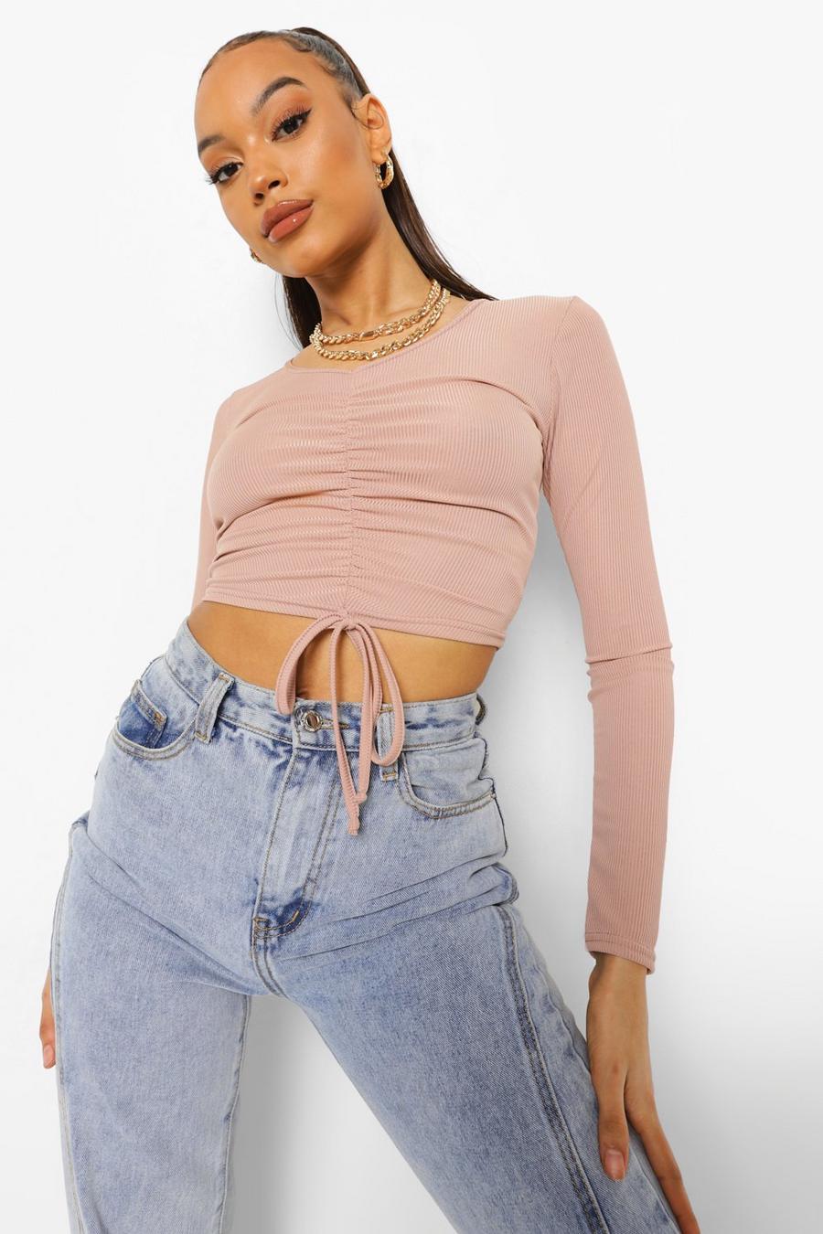 Stone Ruched Front Long Sleeve  Rib Crop Top image number 1