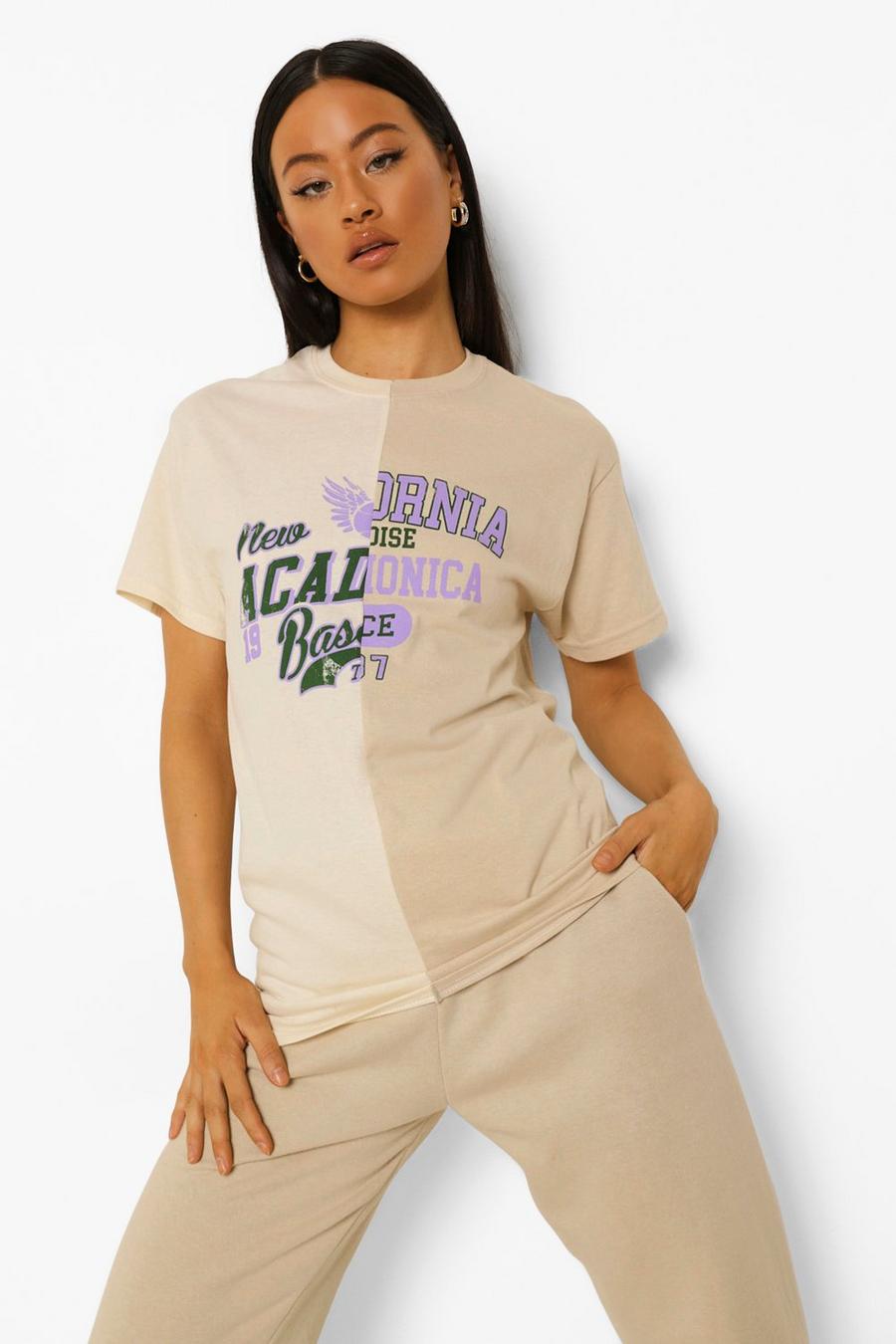 Mocha beige Spliced Varsity Print Oversized  T Shirt image number 1