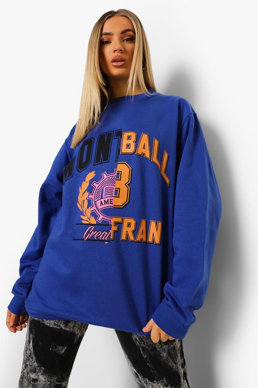 Gespleißtes Sweatshirt in Übergröße mit College-Print , Kobaltblau image number 1
