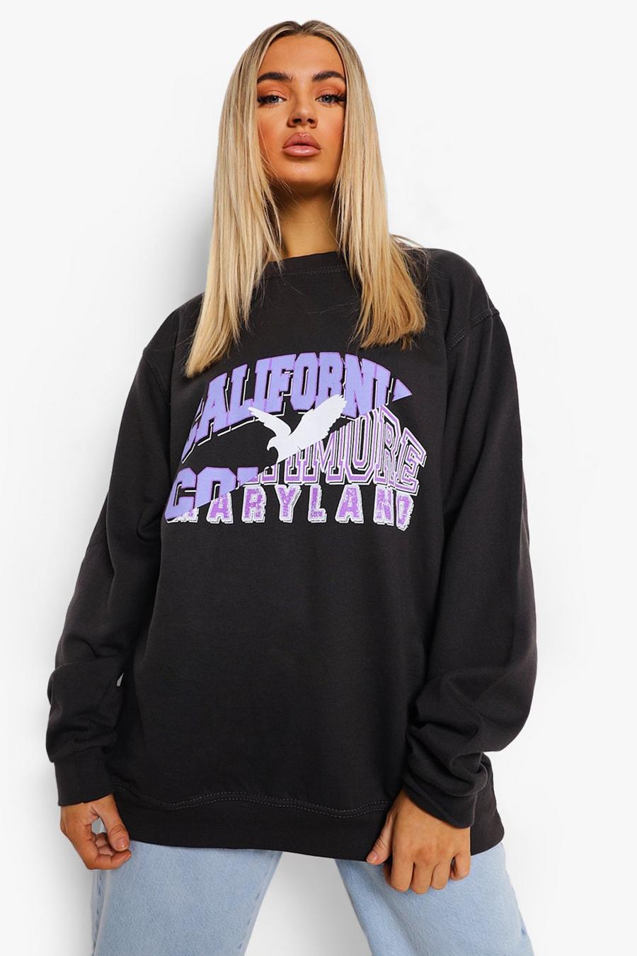 Charcoal Oversize sweatshirt med tryck i varsitystil image number 1