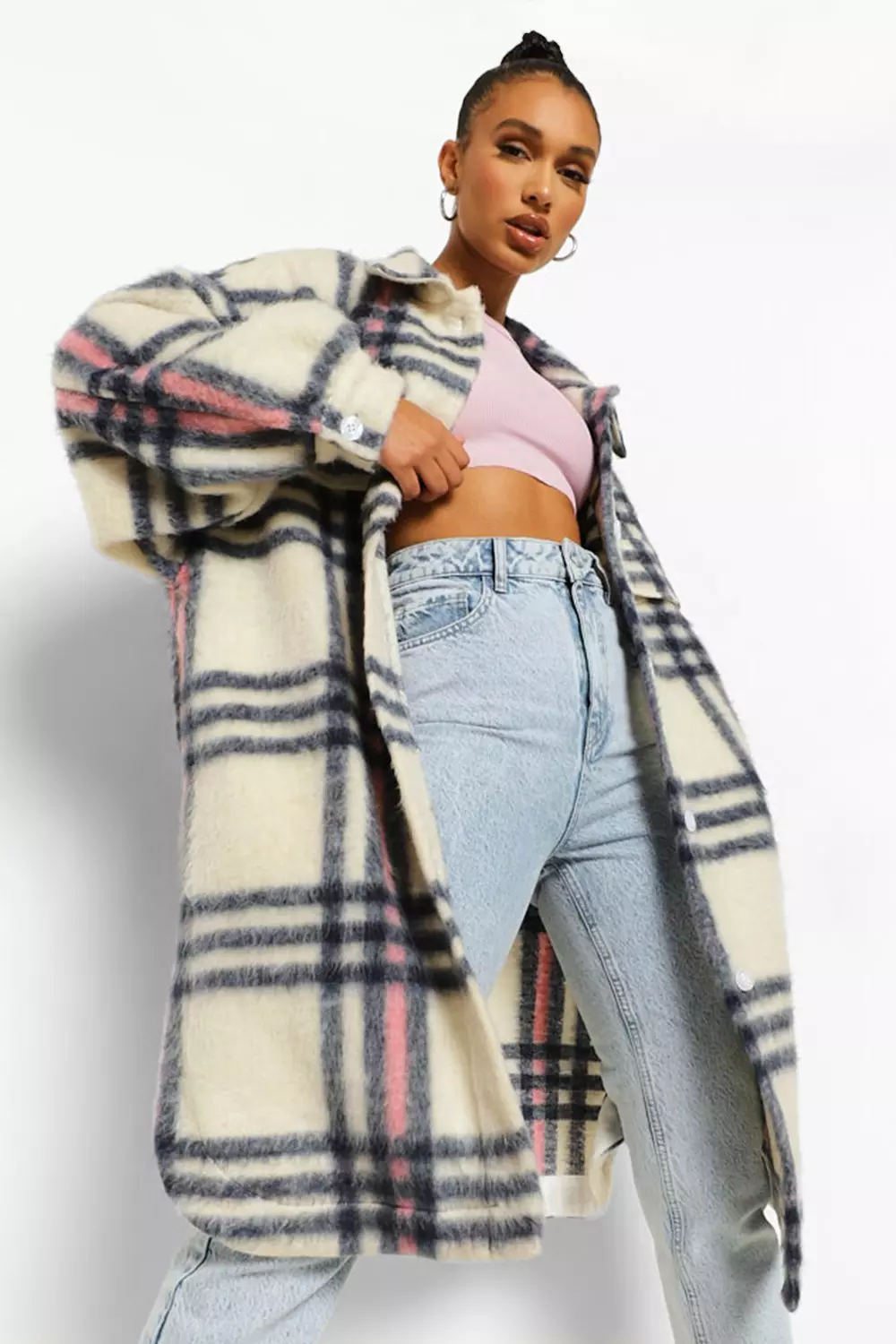 Grey Oversized Longline Check Shacket alternative image