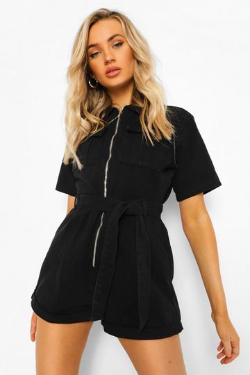 Black Belted Cargo Denim Playsuit