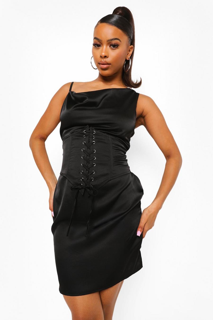 Black Slipklänning med korsettliv och smala axelband image number 1