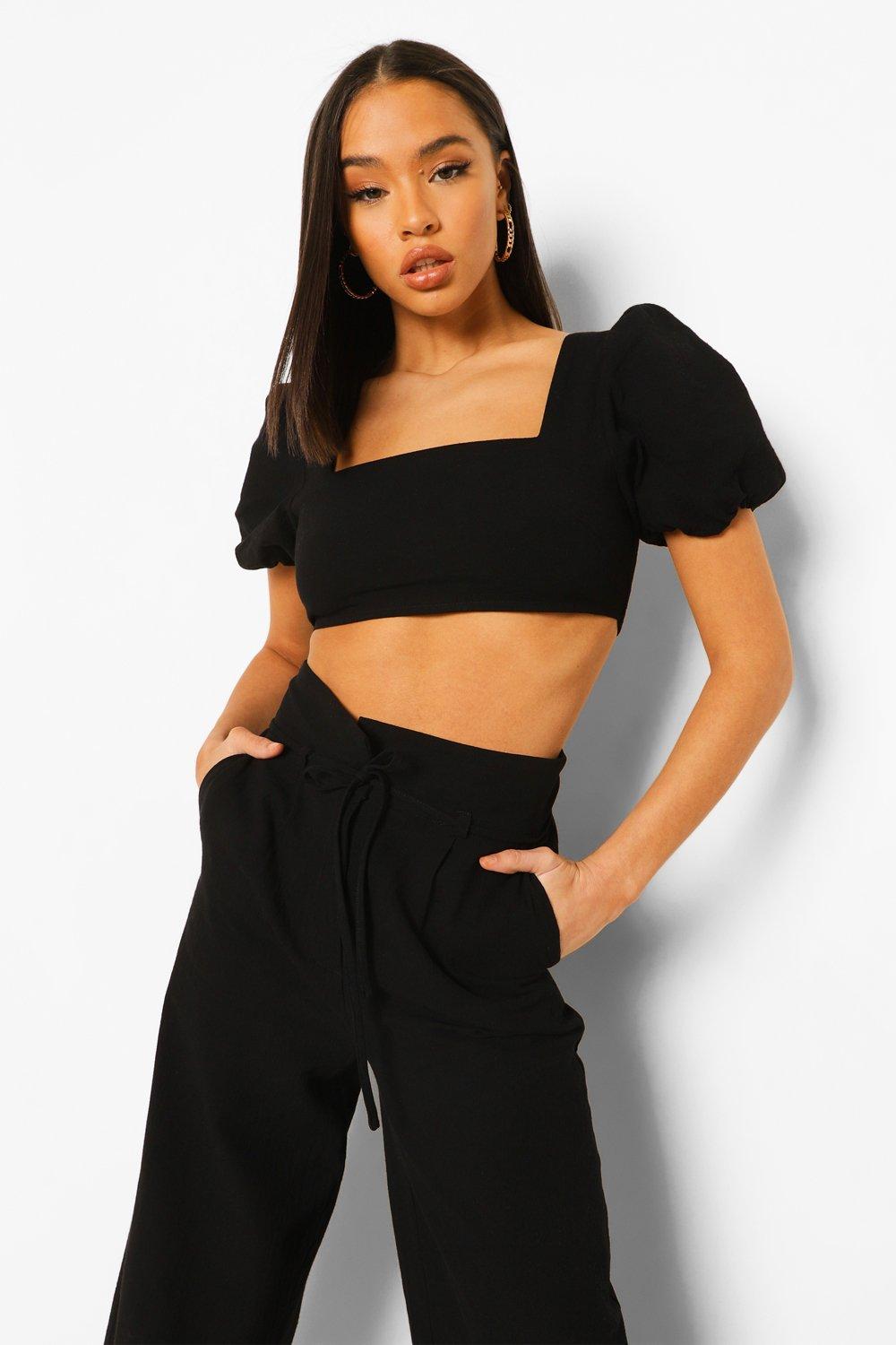 Black Linen Puff Sleeve Open Back Bralette