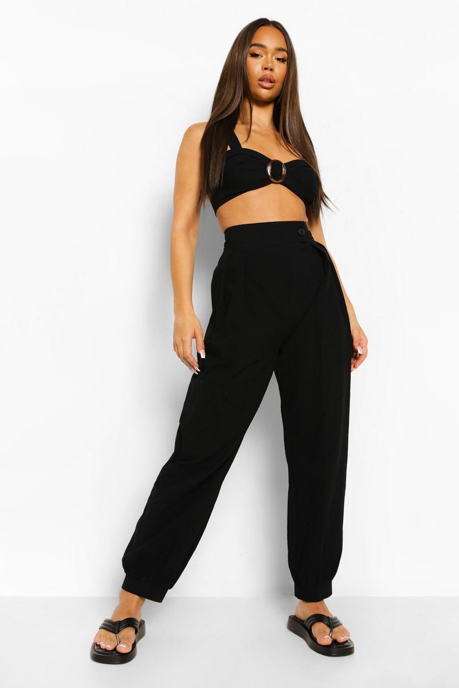 Black Linen Pleat Front Relaxed Pants image number 1