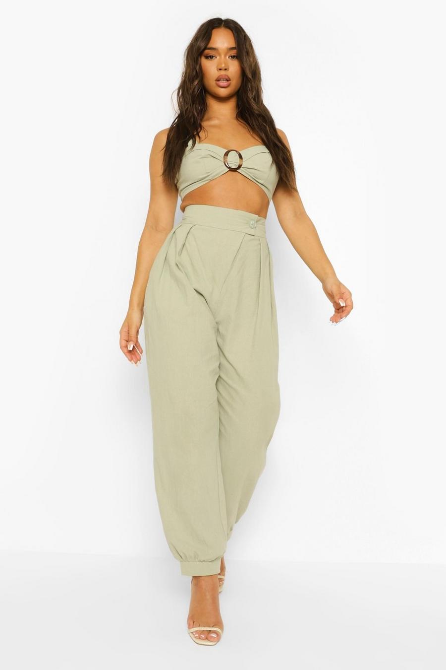 Sage Linen Pleat Front Relaxed Trousers image number 1