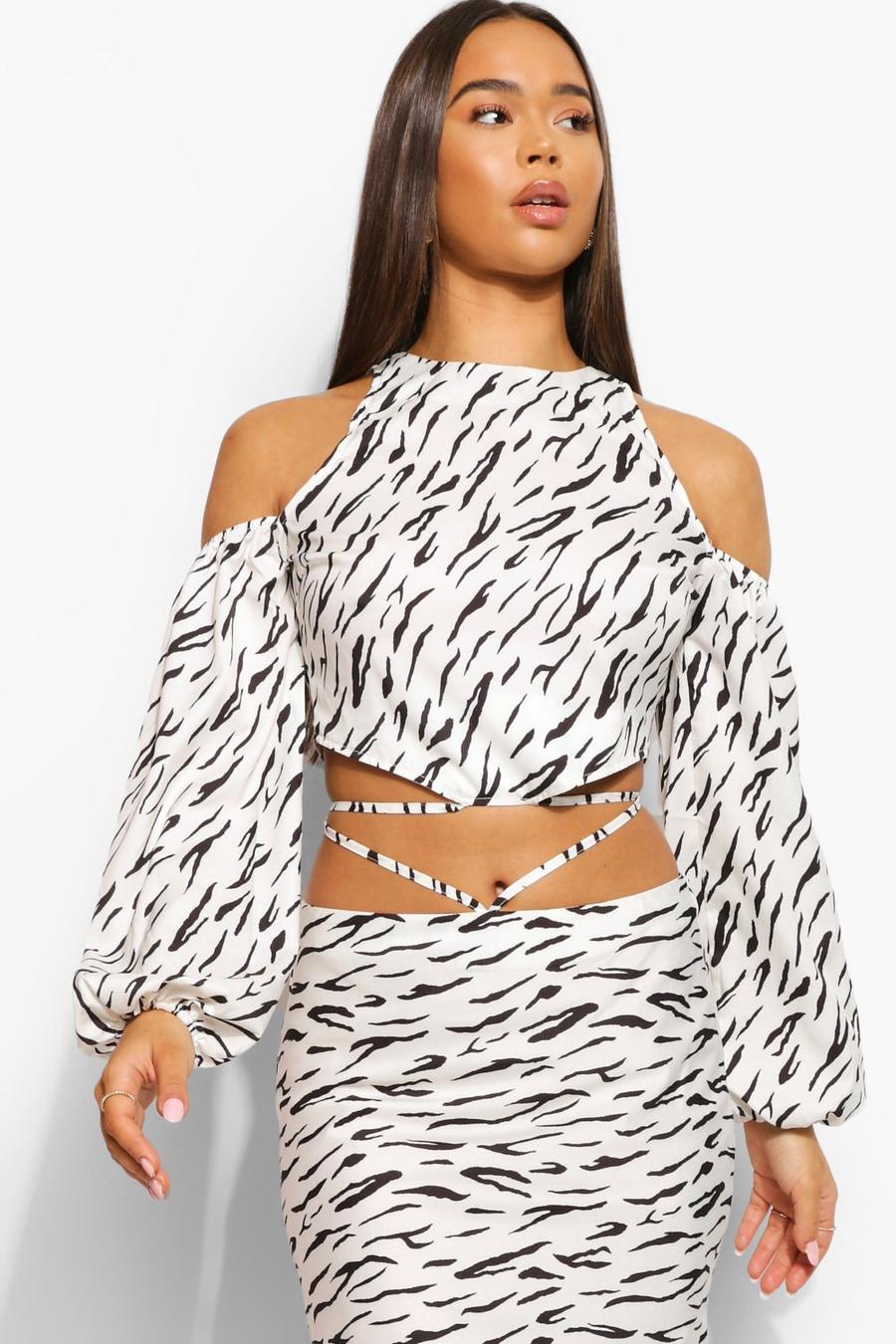 Black Zebra Print Tie Detail Top & Midi Skirt image number 1