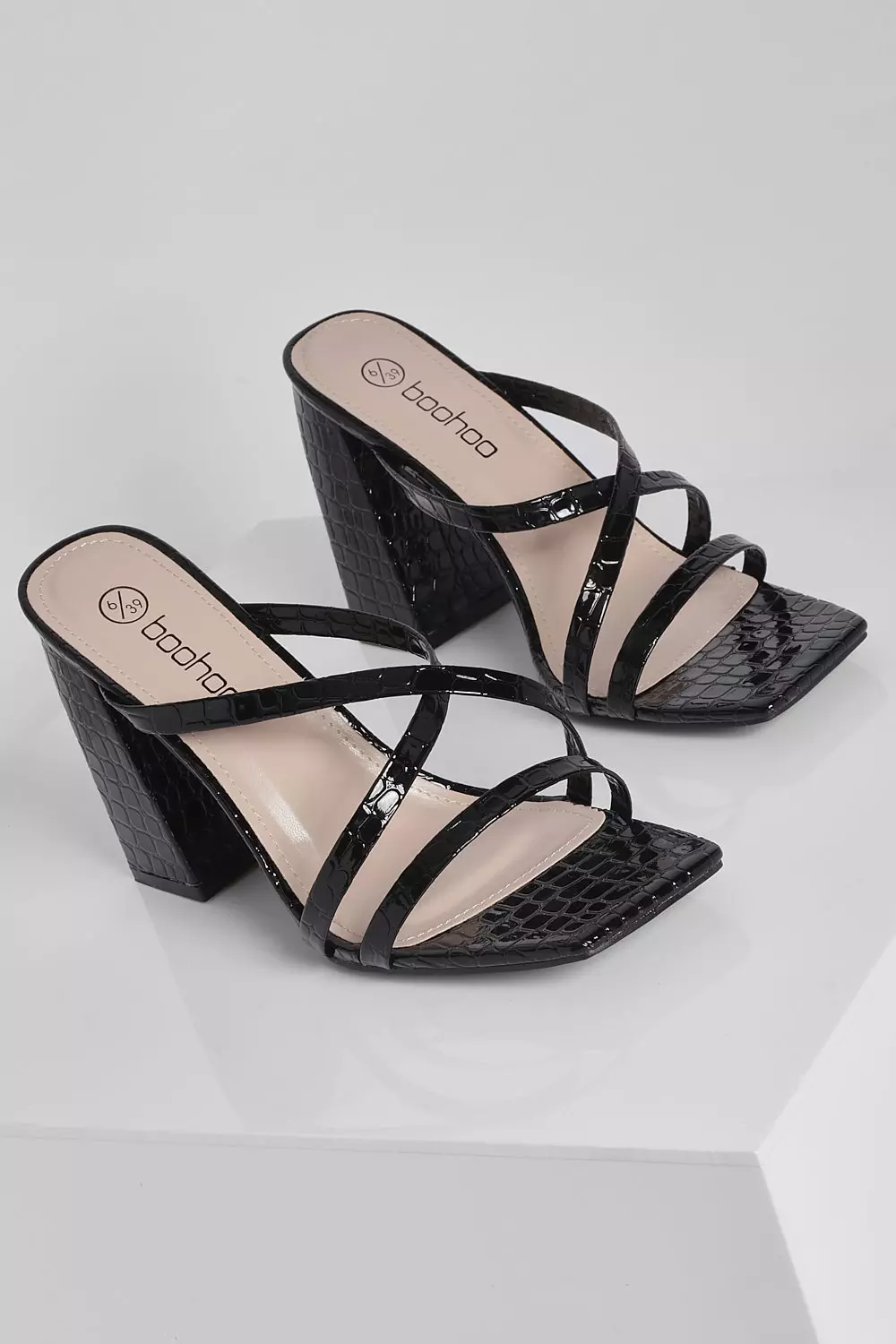 Black Croc Square Toe Block Heel Mules alternative image
