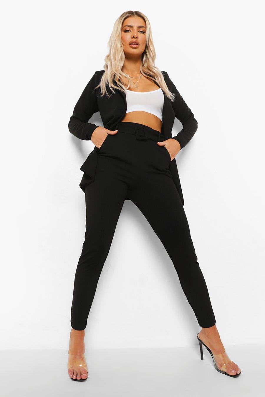 Black Self Fabric Belted Skinny Trousers image number 1