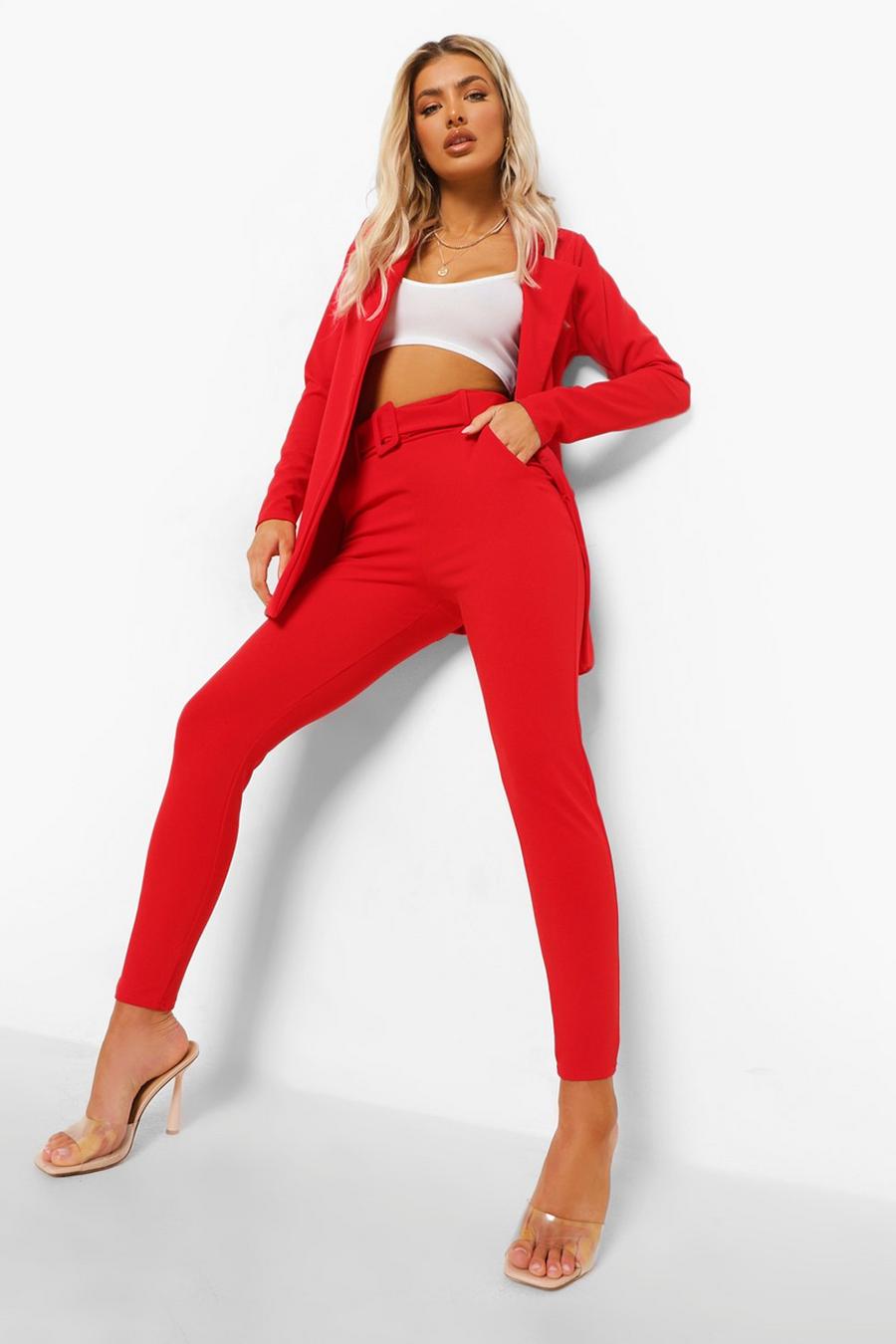 Red Self Fabric Belted Skinny Pants image number 1