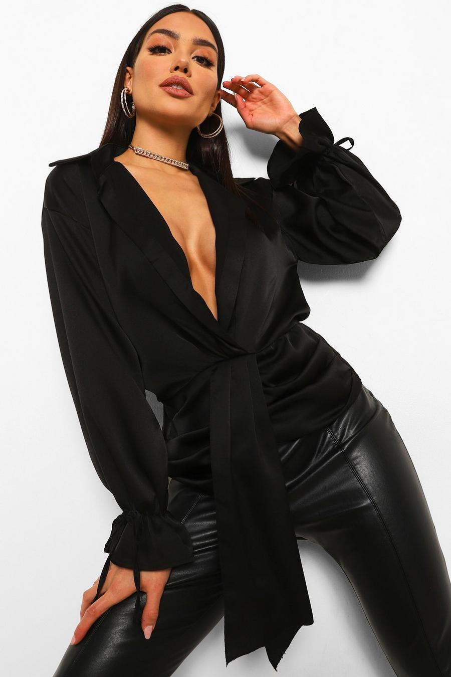 Black Skjortklänning i satin med knytdetalj image number 1
