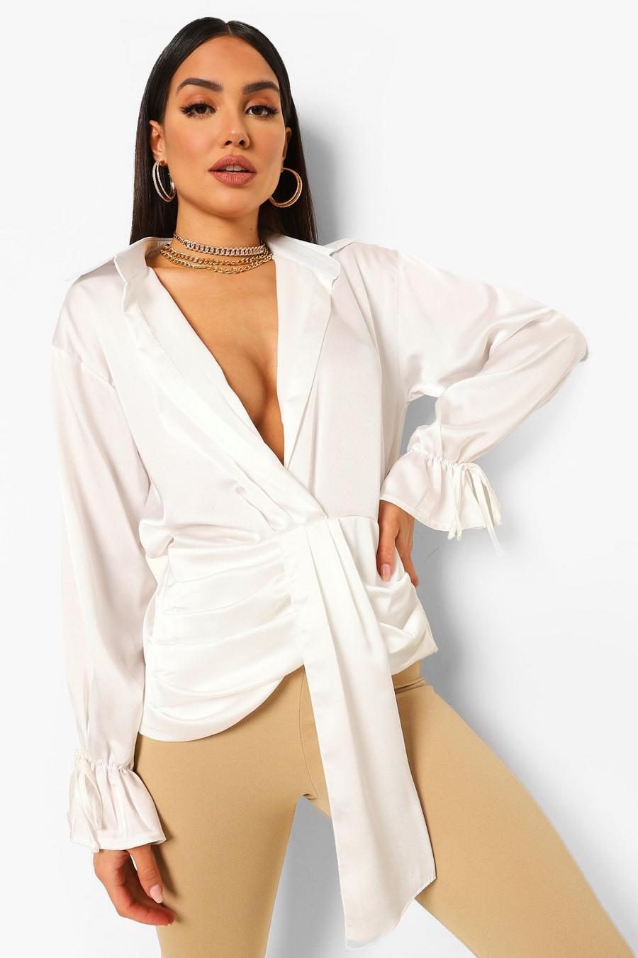 Ivory Tie Front Satin Shirt image number 1